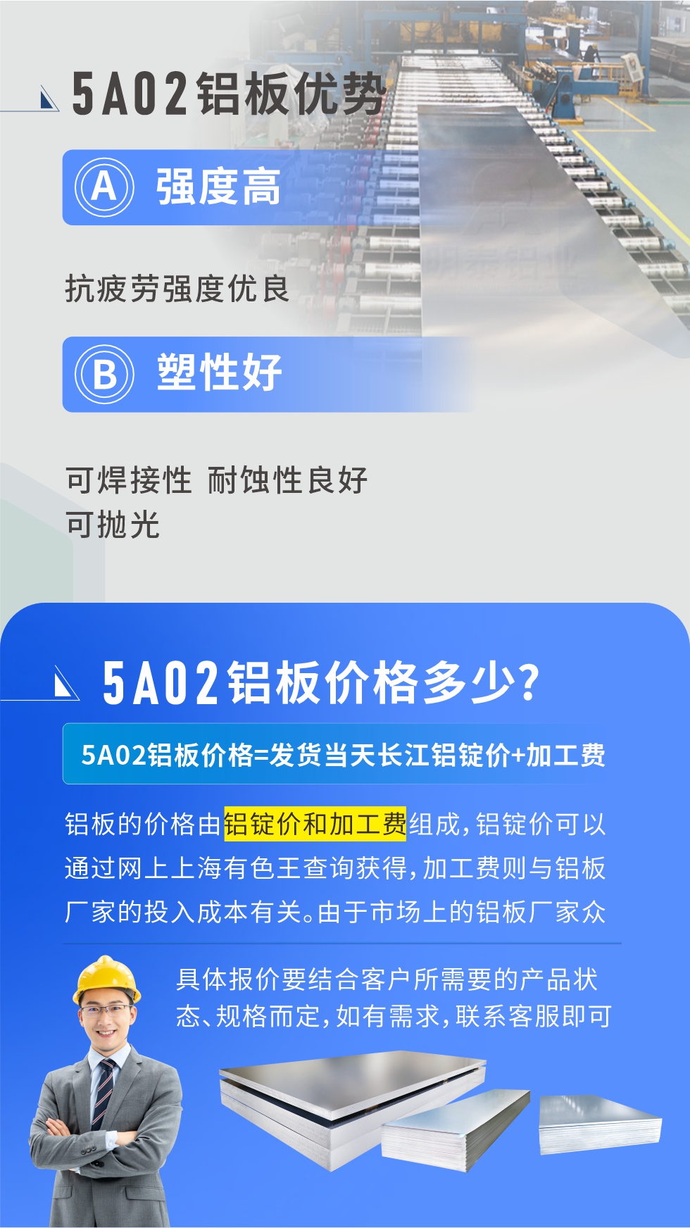 5A02產品優(yōu)勢:強度高、抗疲勞強度優(yōu)良、塑性好、可焊接性、耐蝕性良好、可拋光。5A02鋁板價格多少？5A02鋁板價格=發(fā)貨當天長江鋁錠價+加工費；
鋁板的價格由鋁錠價和加工費組成，鋁錠價可以通過網上上海有色王查詢獲得，加工費則與鋁板廠家的投入成本有關。由于市場上的鋁板廠家眾多，再加上5a05鋁板具有不同的狀態(tài)和規(guī)格，每個廠家、每個狀態(tài)的報價也都是不一樣的。具體報價要結合客戶所需要的產品狀態(tài)、規(guī)格而定，如有需求，聯系客服即可安排業(yè)務經理為您報價。點擊在線咨詢。

