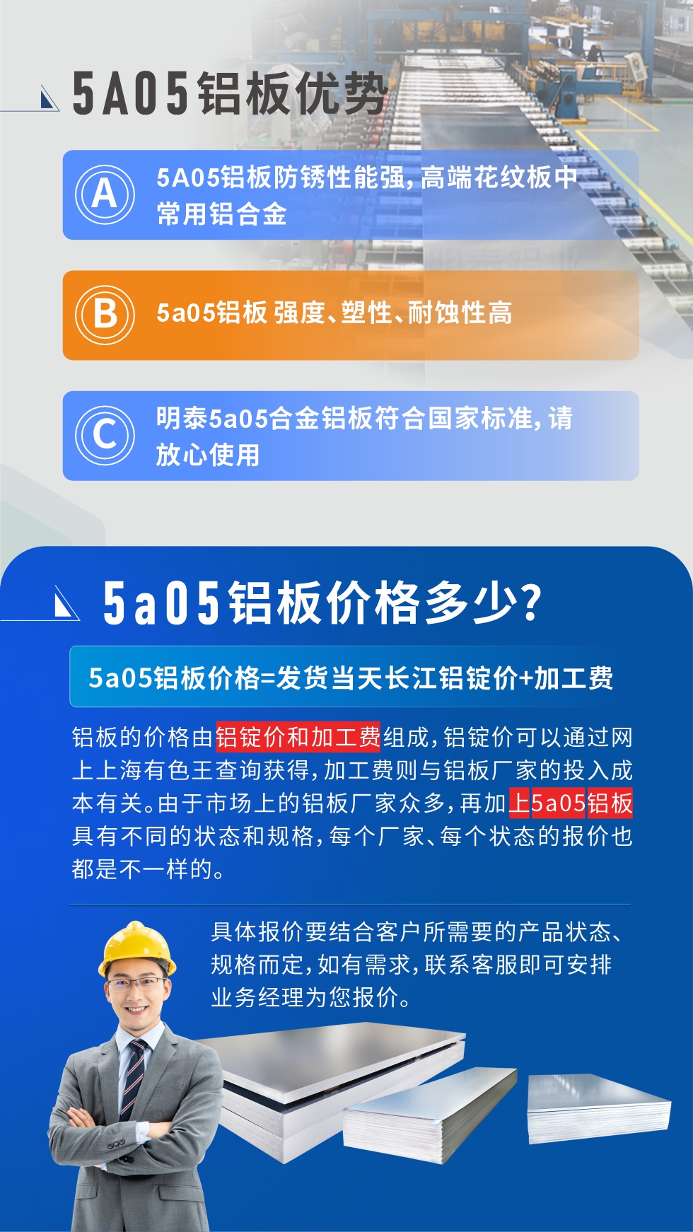  產(chǎn)品優(yōu)勢(shì)   

5A05鋁板防銹性能強(qiáng)，高端花紋板中常用鋁合金

5a05鋁板 強(qiáng)度、塑性、耐蝕性高

明泰5a05合金鋁板符合國(guó)家標(biāo)準(zhǔn)，請(qǐng)放心使用

5a05鋁板價(jià)格多少錢

5a05鋁板價(jià)格=發(fā)貨當(dāng)天長(zhǎng)江鋁錠價(jià)+加工費(fèi)

鋁板的價(jià)格由鋁錠價(jià)和加工費(fèi)組成，鋁錠價(jià)可以通過網(wǎng)上上海有色王查詢獲得，加工費(fèi)則與鋁板廠家的投入成本有關(guān)。由于市場(chǎng)上的鋁板廠家眾多，再加上5a05鋁板具有不同的狀態(tài)和規(guī)格，每個(gè)廠家、每個(gè)狀態(tài)的報(bào)價(jià)也都是不一樣的。具體報(bào)價(jià)要結(jié)合客戶所需要的產(chǎn)品狀態(tài)、規(guī)格而定，如有需求，聯(lián)系客服即可安排業(yè)務(wù)經(jīng)理為您報(bào)價(jià)。點(diǎn)擊在線咨詢。
