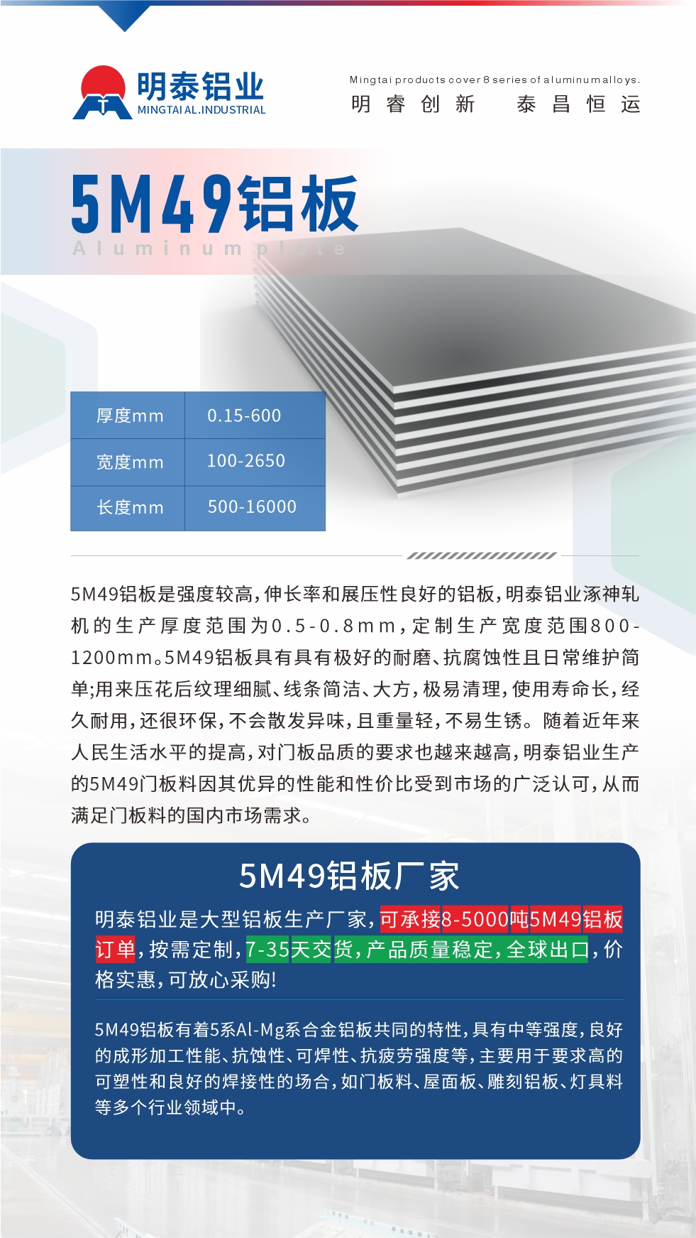 5M49鋁板是強(qiáng)度較高，伸長(zhǎng)率和展壓性良好的鋁板，明泰鋁業(yè)涿神軋機(jī)的生產(chǎn)厚度范圍為0.5-0.8mm，定制生產(chǎn)寬度范圍800-1200mm。5M49鋁板具有具有極好的耐磨、抗腐蝕性且日常維護(hù)簡(jiǎn)單;用來(lái)壓花后紋理細(xì)膩、線條簡(jiǎn)潔、大方，極易清理，使用壽命長(zhǎng)，經(jīng)久耐用，還很環(huán)保，不會(huì)散發(fā)異味，且重量輕，不易生銹。 隨著近年來(lái)人民生活水平的提高，對(duì)門板品質(zhì)的要求也越來(lái)越高，明泰鋁業(yè)生產(chǎn)的5M49門板料因其優(yōu)異的性能和性價(jià)比受到市場(chǎng)的廣泛認(rèn)可，從而滿足門板料的國(guó)內(nèi)市場(chǎng)需求。
