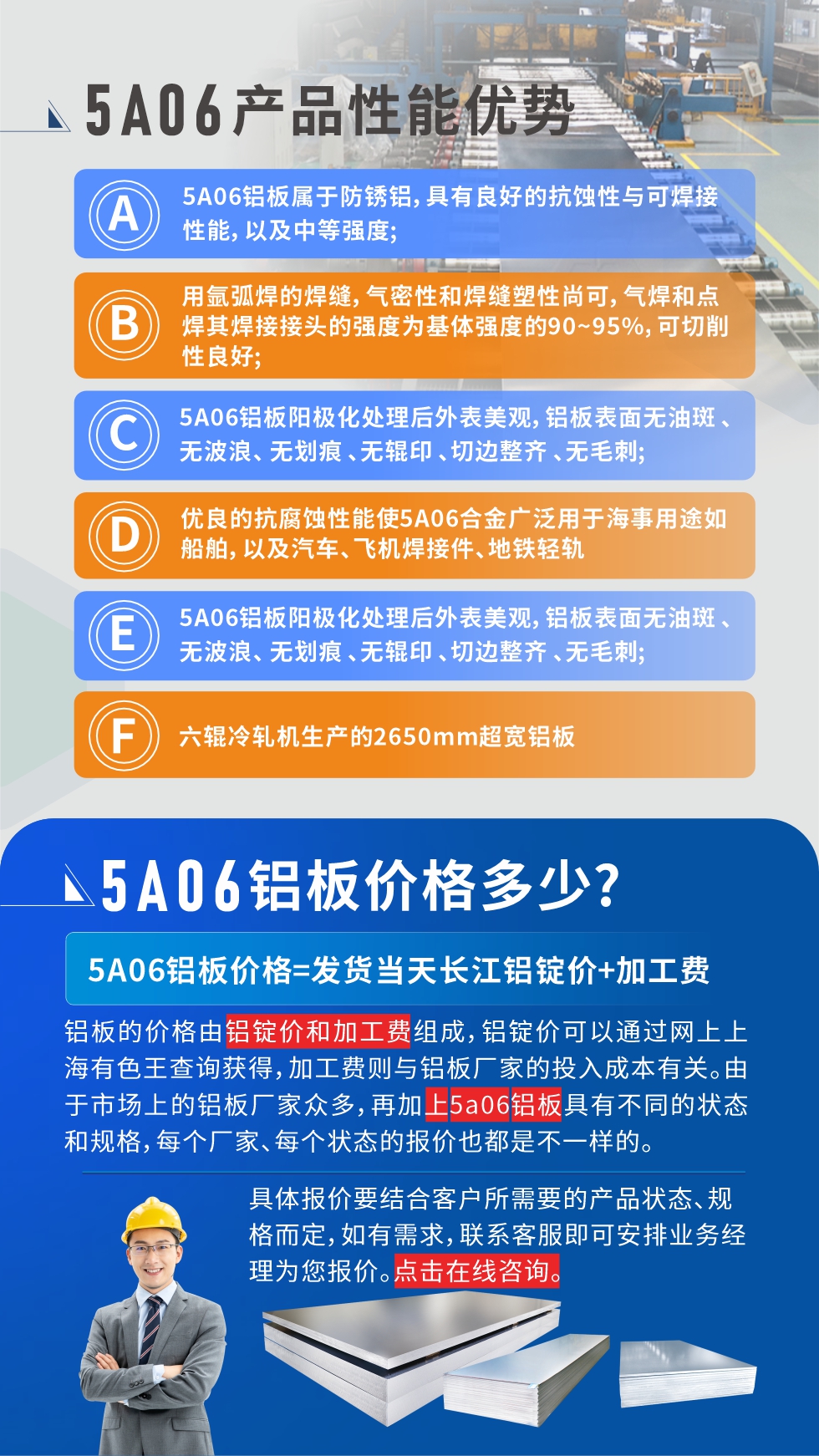 產(chǎn)品性能優(yōu)勢   

1、5A06鋁板屬于防銹鋁，具有良好的抗蝕性與可焊接性能，以及中等強度;

2、用氬弧焊的焊縫，氣密性和焊縫塑性尚可，氣焊和點焊其焊接接頭的強度為基體強度的90~95%，可切削性良好;

3、5A06鋁板陽極化處理后外表美觀，鋁板表面無油斑 、無波浪、 無劃痕 、無輥印 、切邊整齊 、無毛刺;

4、優(yōu)良的抗腐蝕性能使5A06合金廣泛用于海事用途如船舶，以及汽車、飛機焊接件、地鐵輕軌;

5、六輥冷軋機生產(chǎn)的2650mm超寬鋁板;