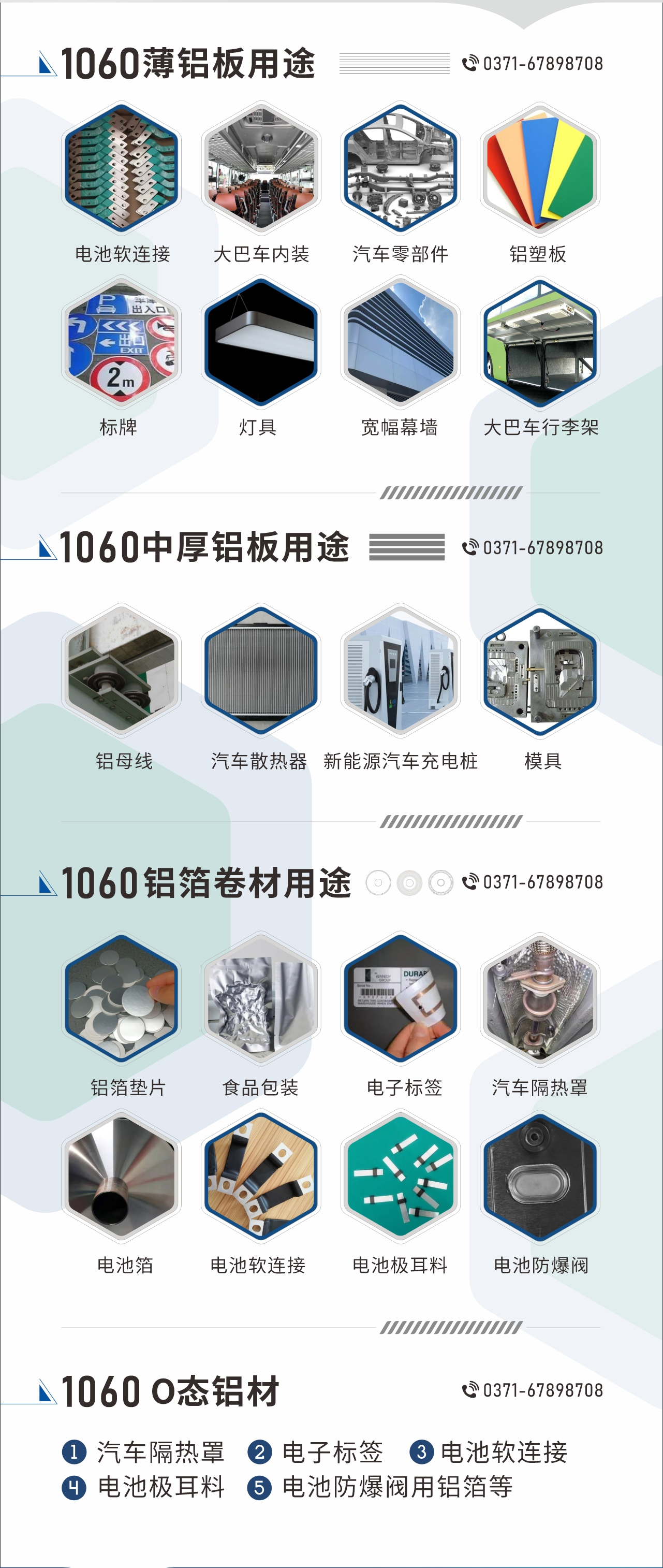 1060鋁板卷用途
　　1060鋁薄板用途： 電池軟連接、大巴車內(nèi)裝、汽車零部件、鋁塑板、標(biāo)牌、燈具、寬幅幕墻、大巴車行李架/地板/花紋板(宇通公司使用)等;1060中厚鋁板用途：鋁母線、汽車散熱器、新能源汽車充電樁、模具等;1060鋁箔卷材用途：鋁箔墊片、食品包裝、電子標(biāo)簽、汽車隔熱罩用鋁箔、電池箔、電池軟連接、電池極耳料、電池防爆閥等;1060-O態(tài)鋁材用途：汽車隔熱罩、電子標(biāo)簽、電池軟連接、電池極耳料、電池防爆閥用鋁箔等;1060鋁板多少錢1噸.1060鋁板價(jià)格=發(fā)貨當(dāng)天長(zhǎng)江鋁錠價(jià)+加工費(fèi)
