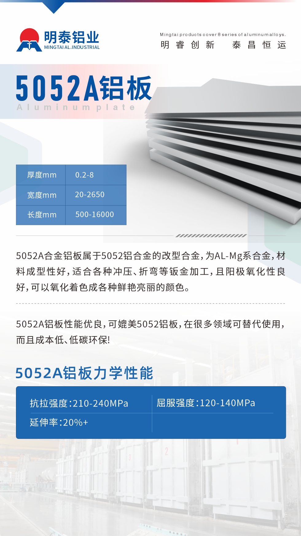 5052A合金鋁板屬于5052鋁合金的改型合金，為AL-Mg系合金，材料成型性好，適合各種沖壓、折彎等鈑金加工，且陽(yáng)極氧化性良好，可以氧化著色成各種鮮艷亮麗的顏色。5052A鋁板性能優(yōu)良，可媲美5052鋁板，在很多領(lǐng)域可替代使用，而且成本低、低碳環(huán)保!5052A鋁板力學(xué)性能抗拉強(qiáng)度：210-240MPa屈服強(qiáng)度：120-140MPa延伸率：20%+