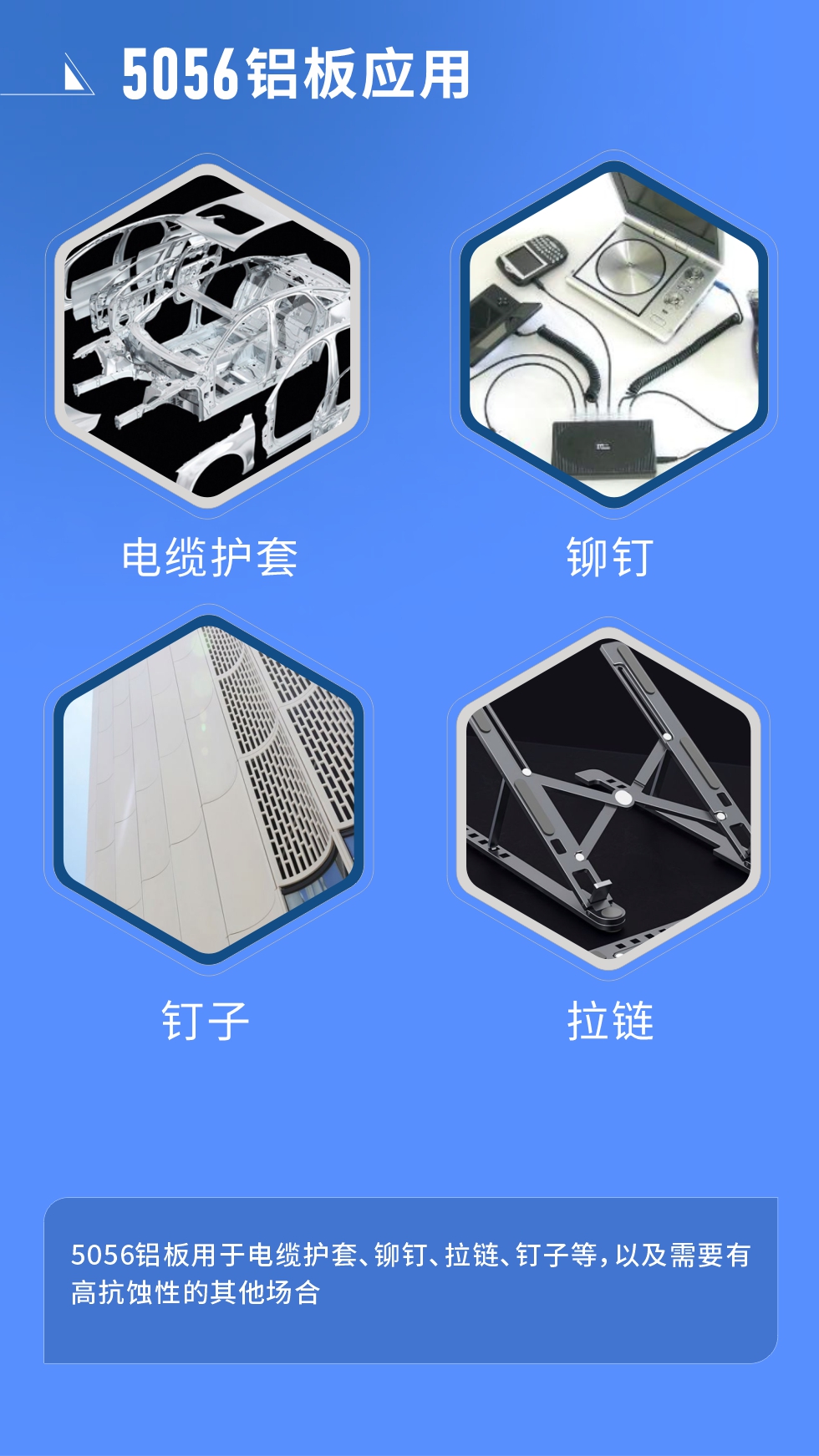 市場應用
　　5056鋁板用于電纜護套、鉚釘、拉鏈、釘子等，以及需要有高抗蝕性的其他場合。
　　5056鋁板生產廠家
　　明泰鋁業(yè)支持定做，為用戶合理推薦更合理產品規(guī)格，并提供優(yōu)惠報價，讓您選購無憂。
　　明泰鋁業(yè)是一家集科研、加工、制造為一體的大型現(xiàn)代化鋁加工企業(yè)。公司可生產1-8系鋁板帶箔產品，規(guī)格齊全。