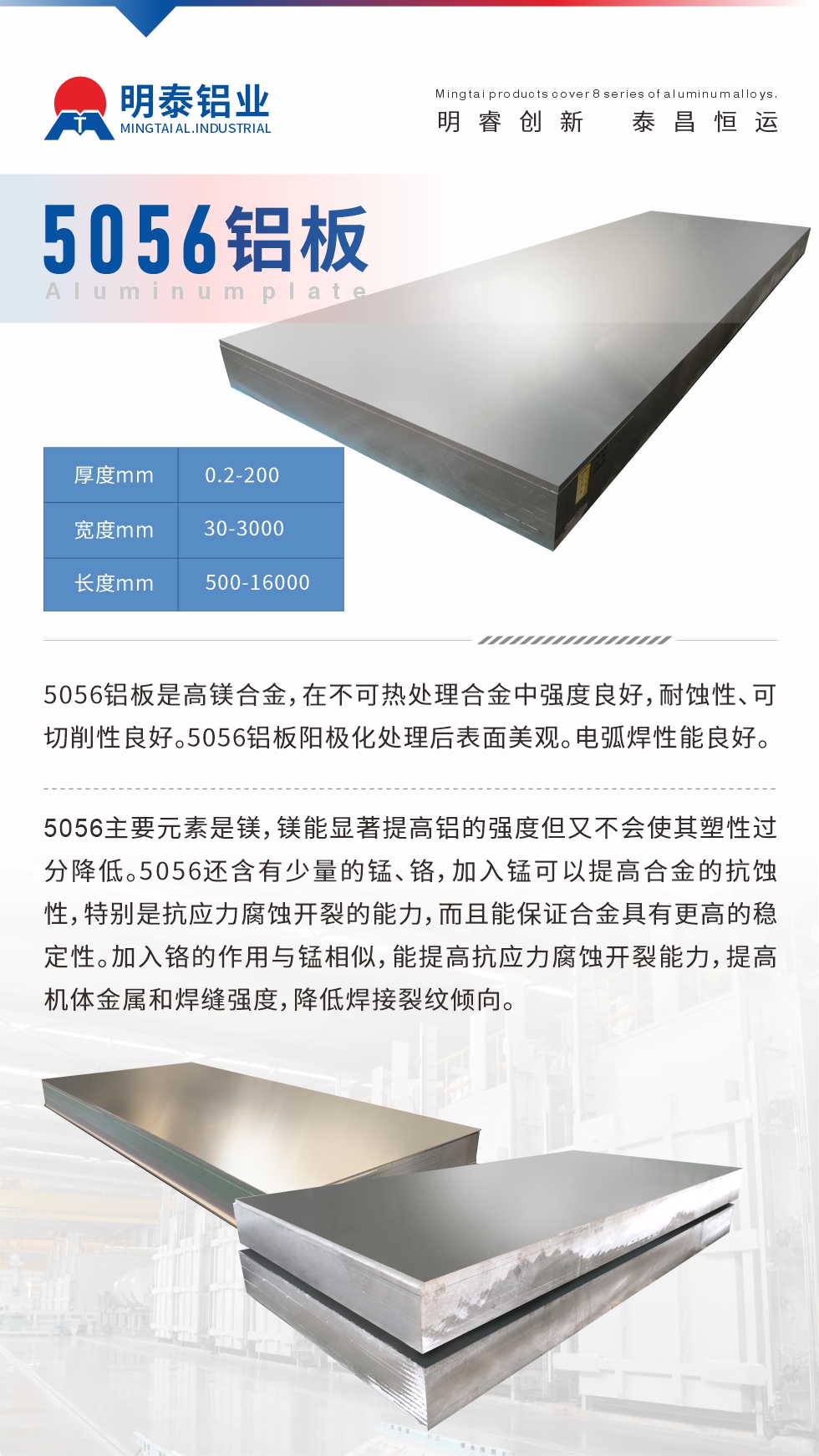 5056鋁板介紹
　　5056鋁板是高鎂合金，在不可熱處理合金中強度良好，耐蝕性、可切削性良好。5056鋁板陽極化處理后表面美觀。電弧焊性能良好。
　　5056主要元素是鎂，鎂能顯著提高鋁的強度但又不會使其塑性過分降低。5056還含有少量的錳、鉻，加入錳可以提高合金的抗蝕性，特別是抗應力腐蝕開裂的能力，而且能保證合金具有更高的穩(wěn)定性。加入鉻的作用與錳相似，能提高抗應力腐蝕開裂能力，提高機體金屬和焊縫強度，降低焊接裂紋傾向。