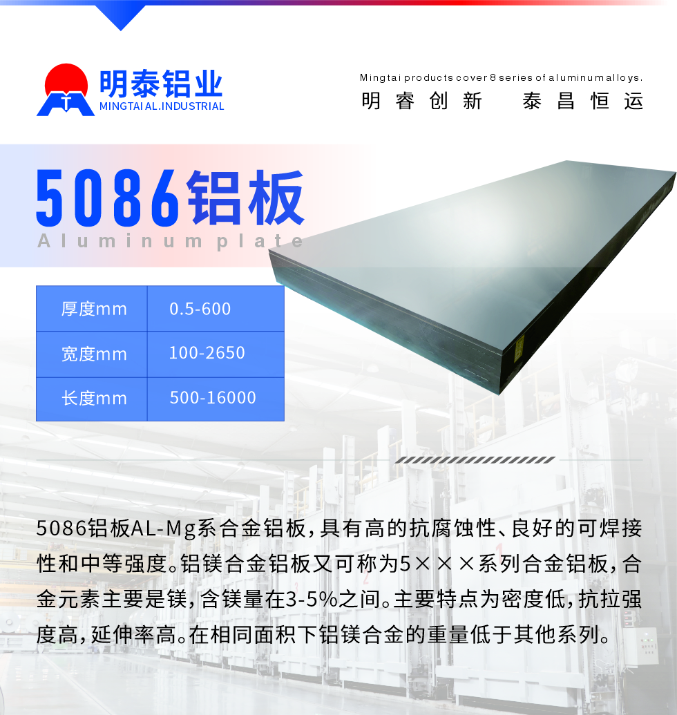 產品介紹
　　5086鋁板AL-Mg系合金鋁板，具有高的抗腐蝕性、良好的可焊接性和中等強度。鋁鎂合金鋁板又可稱為5×××系列合金鋁板，合金元素主要是鎂，含鎂量在3-5%之間。主要特點為密度低，抗拉強度高，延伸率高。在相同面積下鋁鎂合金的重量低于其他系列。
