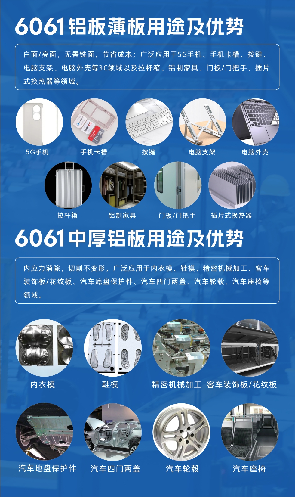 6061鋁板薄板用途及優(yōu)勢(shì):白面/亮面，無(wú)需銑面，節(jié)省成本；廣泛應(yīng)用于5G手機(jī)、手機(jī)卡槽、按鍵、電腦支架、電腦外殼等3C領(lǐng)域以及拉桿箱、鋁制家具、門板/門把手、插片式換熱器等領(lǐng)域。
6061中厚鋁板用途及優(yōu)勢(shì):內(nèi)應(yīng)力消除，切割不變形，廣泛應(yīng)用于內(nèi)衣模、鞋模、精密機(jī)械加工、客車裝飾板/花紋板、汽車底盤保護(hù)件、汽車四門兩蓋、汽車輪轂、汽車座椅等領(lǐng)域。
