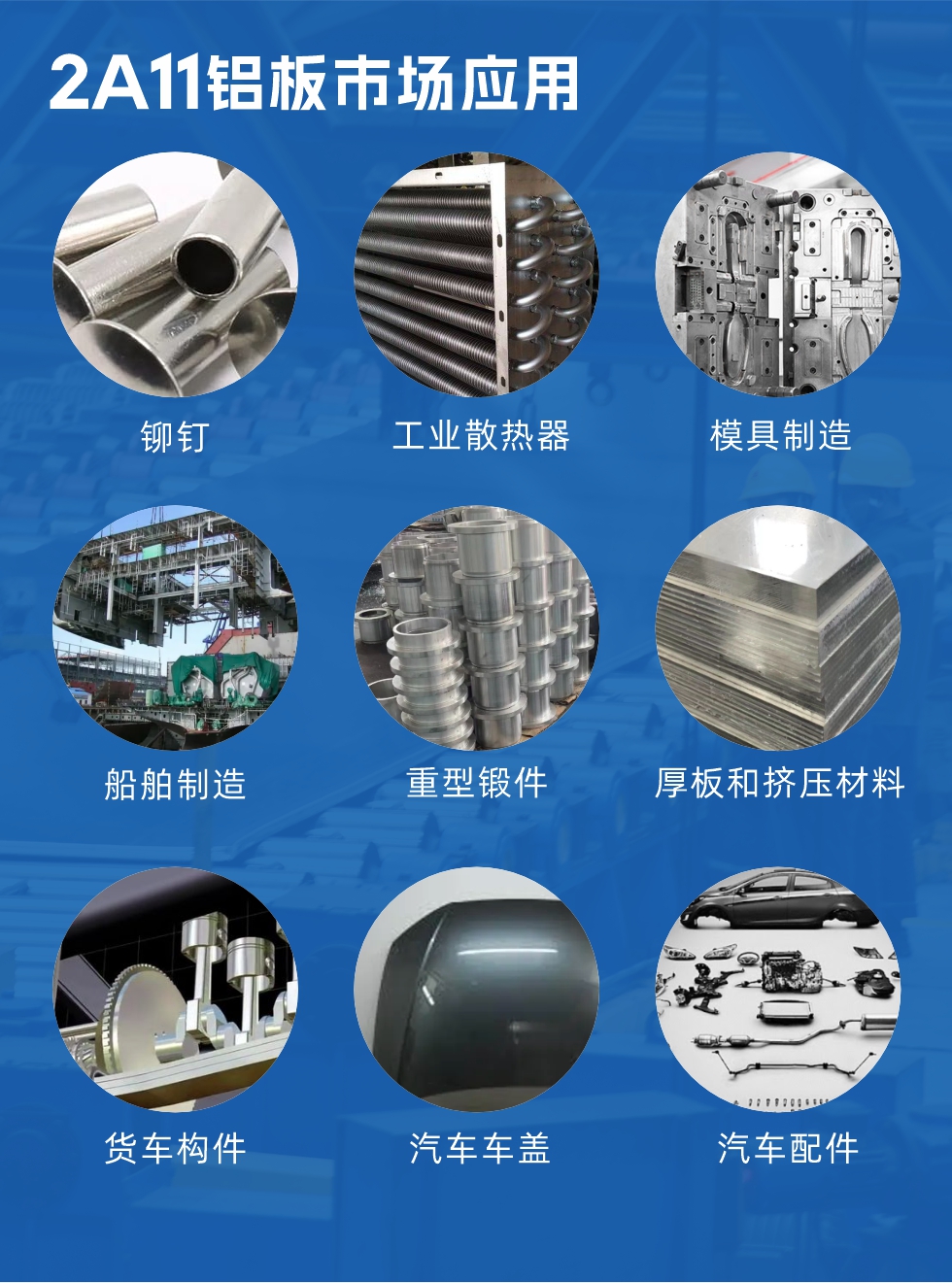 2a11鋁板市場(chǎng)應(yīng)用：

鉚釘、工業(yè)散熱器、模具制造、船舶制造、重型鍛件、厚板和擠壓材料，貨車構(gòu)件、汽車車蓋、汽車配件等領(lǐng)域。