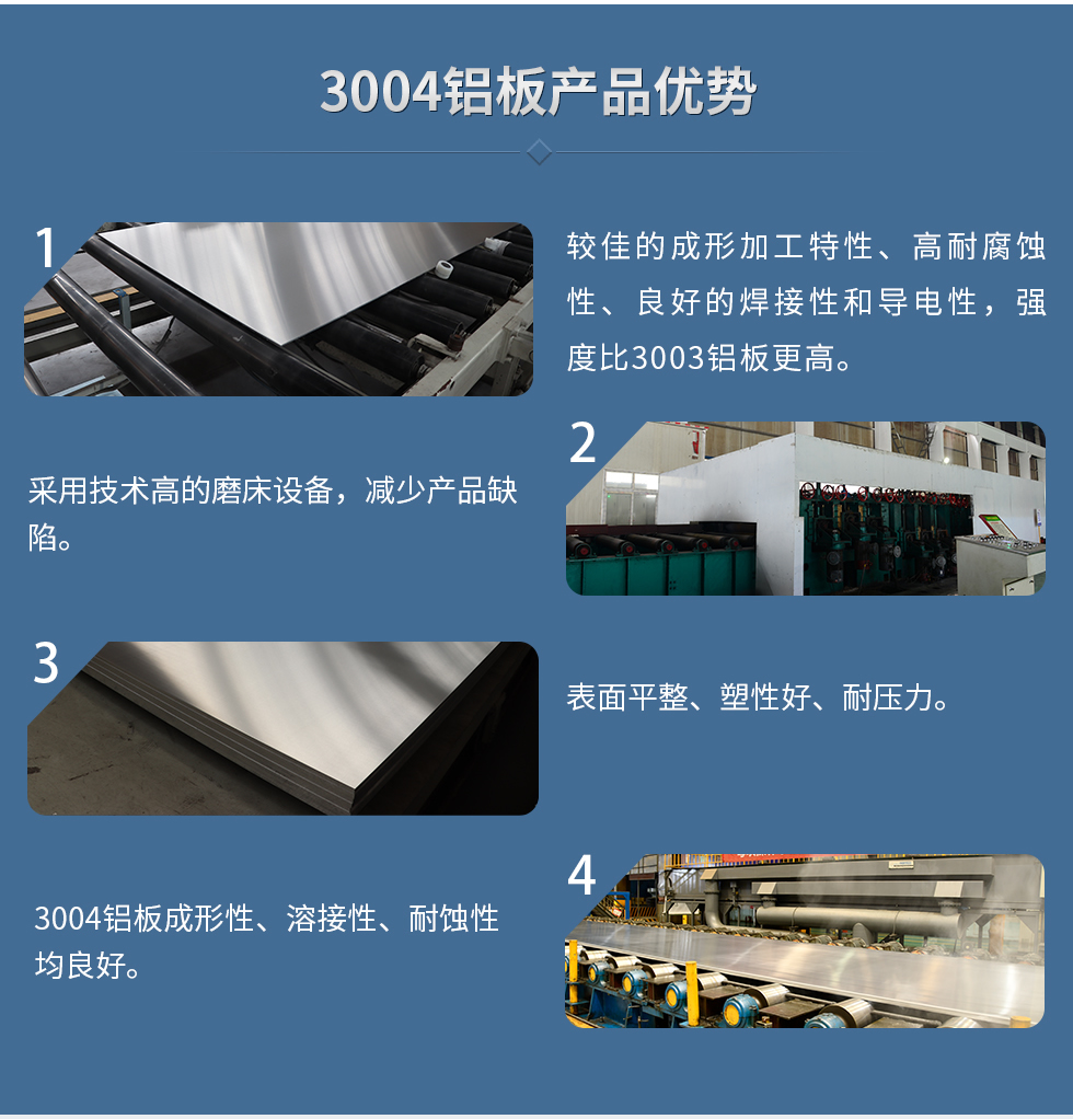 3004鋁板產(chǎn)品優(yōu)勢
　　1、較佳的成形加工特性、高耐腐蝕性、良好的焊接性和導(dǎo)電性，強(qiáng)度比3003鋁板更高。
　　2、采用技術(shù)高的磨床設(shè)備，減少產(chǎn)品缺陷。
　　3、表面平整、塑性好、耐壓力。
　　明泰3004鋁板優(yōu)勢
　　1、3004鋁板成形性、溶接性、耐蝕性均良好。
　　2、好的成形加工特性、高耐腐蝕性、良好的焊接性和導(dǎo)電性，強(qiáng)度比3003鋁板更高。
　　3、3004鋁板表面平整、塑性好、耐壓力;
　　4、采用國際先進(jìn)的磨床設(shè)備，減少產(chǎn)品缺陷。