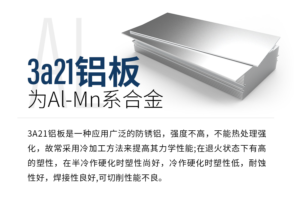 3a21鋁板為Al-Mn系合金，3A21鋁板是一種應(yīng)用廣泛的防銹鋁，強(qiáng)度不高，不能熱處理強(qiáng)化，故常采用冷加工方法來提高其力學(xué)性能;在退火狀態(tài)下有高的塑性，在半冷作硬化時(shí)塑性尚好，冷作硬化時(shí)塑性低，耐蝕性好，焊接性良好,可切削性能不良。