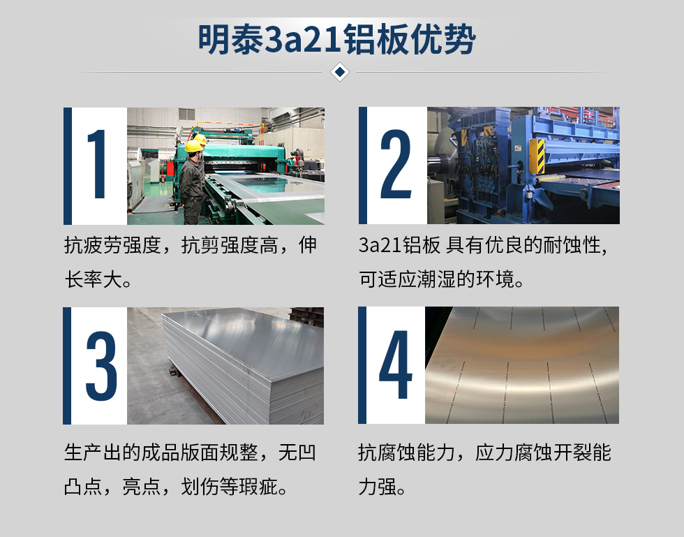明泰3a21鋁板優(yōu)勢(shì)
　　1、抗疲勞強(qiáng)度，抗剪強(qiáng)度高，伸長(zhǎng)率大。
　　2、3a21鋁板 具有優(yōu)良的耐蝕性,可適應(yīng)潮濕的環(huán)境。
　　3、 生產(chǎn)出的成品版面規(guī)整，無凹凸點(diǎn)，亮點(diǎn)，劃傷等瑕疵。
　　4、抗腐蝕能力，應(yīng)力腐蝕開裂能力強(qiáng)。